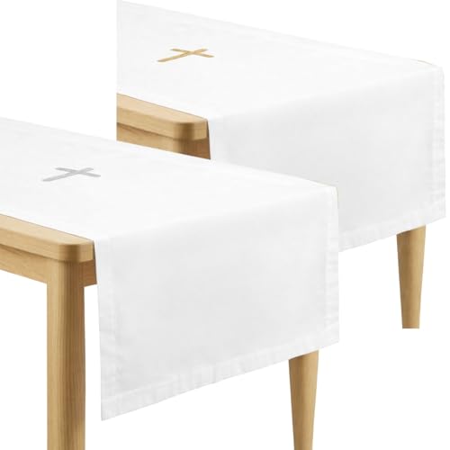 Set of 2 White Altar Cloths - Gold & Silver Cross Embroidery, Communion Tablecloths for Church, Baptism, First Communion, Holy Ceremony (62 x 24 Inches)