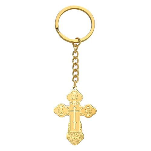 TEAMER Cross Keychain Russian Orthodox Crucifix Eastern Church Keychain Religious Christian Prayer Jewelry for Men Women - color: Gold
