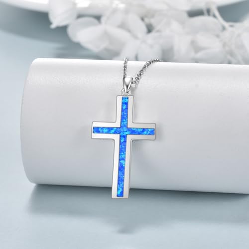 YFN Cross Necklace Sterling Silver Religious Cross Pendant Jewelry Christian Gifts for Women Men - style: B. Blue Opal