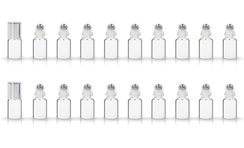 20 Pack Set 2ML(5/8 Dram) Mini Sample Roll Glass Bottles for Essential Oils Roller Refillable Perfume Roll Bottle (2ML Pure Sliver) - color: 2ML Pure Sliver