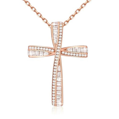 Cross Necklace for Women, 925 Sterling Silver 18K Gold Plated Cross Necklaces for Women, Cross Pendant with 5A Cubic Zirconia Diamond, Birthday Christmas Jewelry Gifts for Women Her Wife - color: Rose gold