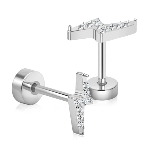 XUU 20G Flat Back Stud Earrings ASTM F136 Titanium - color: silver lightning bolt