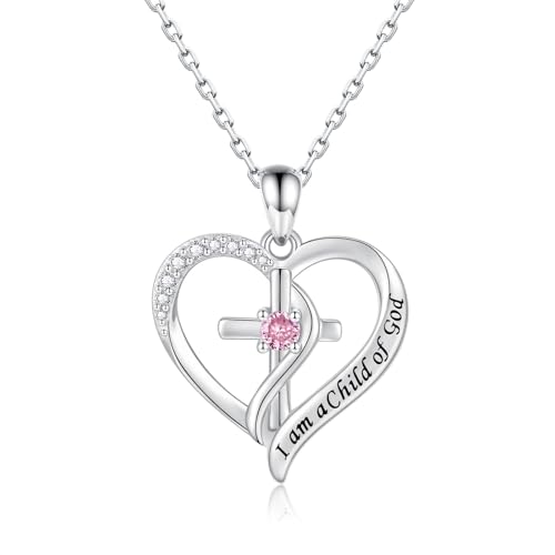 925 Sterling Silver I Am a Child of God Scripture Pendant with Birthstone Heart Cross Communion Necklace for Women Christian Faith Jewelry Gift - color: October
