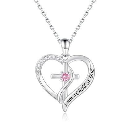 925 Sterling Silver I Am a Child of God Scripture Pendant with Birthstone Heart Cross Communion Necklace for Women Christian Faith Jewelry Gift - color: October