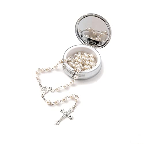 Rosary Beads Catholic - Confirmation Gifts for Teenage Girl, Silver Simple Style Metal Gift Box, White Artificial Pearls Rosary, Gifts for Women - color: 1