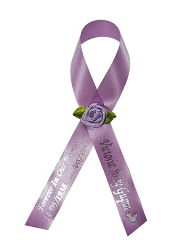 Personalized Memorial Service Funeral Ribbon Pins 20 Cross Religious Celebration of Life Custom Made Awareness Remembrance Anniversary Death Cross Sympathy Name Angel - color: Lavender