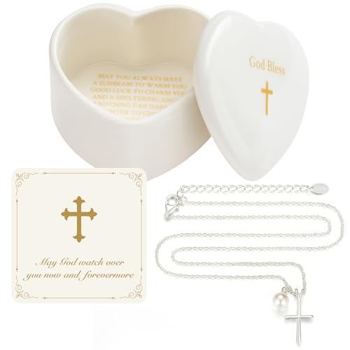 NORBU S925 Cross Necklace for Girls, Baptism Gift with Heart Keepsake Box - color: Brass Cross Necklace with Ceramic Box