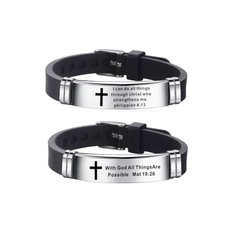 2Pcs Inspirational Quote Cross Bracelets Faith Christian Bible Verse Silicone ID Wristband Religious Bracelet Set Gift for Men Women - style: BR014/015