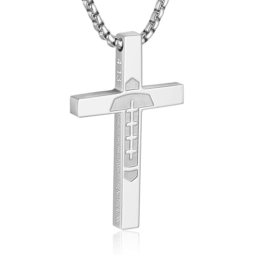 Football Cross Necklace for Boys Men - color: Silver, style: 4:13 I can do all things