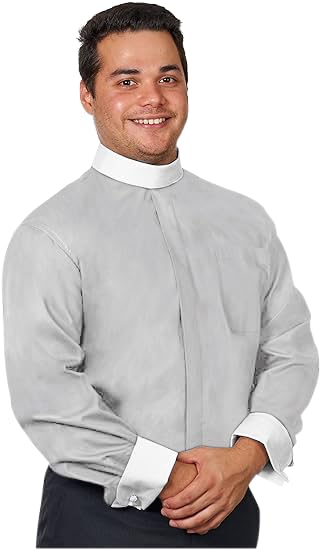 Men's Full Collar Clergy Shirt Long Sleeves - Includes Banded Collar w/White Cuffs - color: Grey, size: 16"-16.5" Neck 34"-35" Sleeve