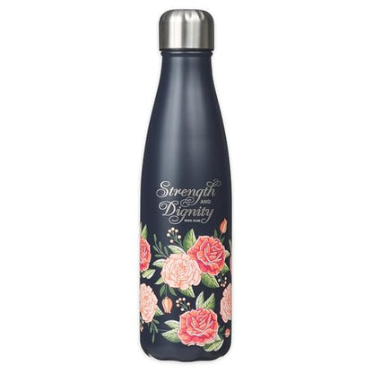Christian Art Gifts Stainless Steel Double Wall Vaccum Sealed Water Bottle for Women: Strength & Dignity - Prov. 31:25 Inspirational Bible Verse, Leak-proof, BPA-free, Navy/Pink Rose Floral, 17 oz. - color: Pink Rose - Strength & Dignity
