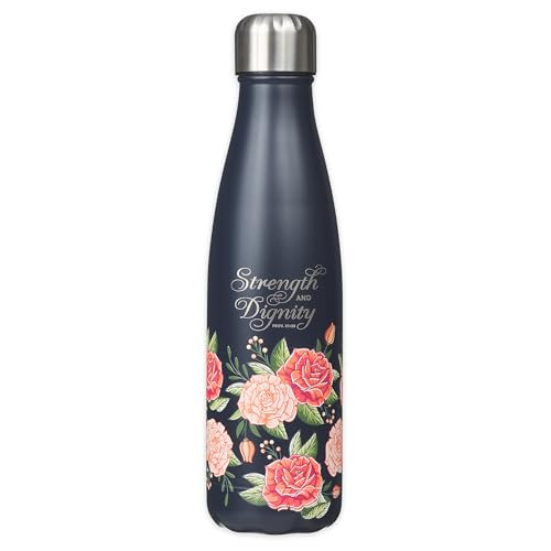 Christian Art Gifts Stainless Steel Double Wall Vaccum Sealed Water Bottle for Women: Strength & Dignity - Prov. 31:25 Inspirational Bible Verse, Leak-proof, BPA-free, Navy/Pink Rose Floral, 17 oz. - color: Pink Rose - Strength & Dignity