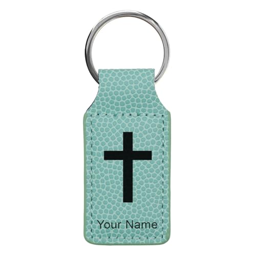LaserGram Rectangle Keychain, Christian Cross, Personalized Engraving Included - color: Basketball Teal