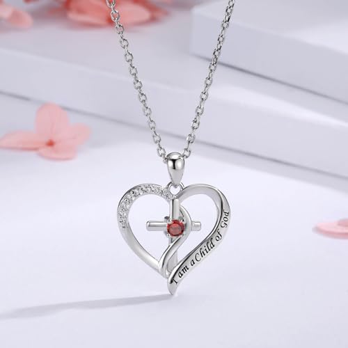 925 Sterling Silver I Am a Child of God Scripture Pendant with Birthstone Heart Cross Communion Necklace for Women Christian Faith Jewelry Gift - color: January