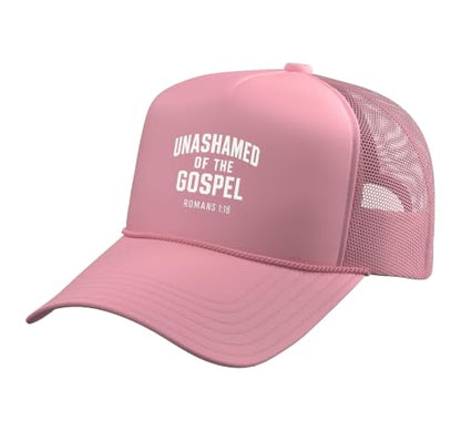 Unashamed of the Gospel, Christian Teen Romans 1:16 Trucker Hat with Adjustable Mesh Back - color: Pink
