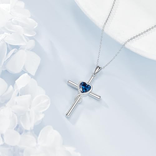 S925 Sterling Silver Cross Necklace for Women Birthstone Necklace Heart Infinity Cross Pendant Necklace Christmas Valentines Day Gifts Birthday Holiday Gifts for Her, 18"+2" Inches - color: 09-Sep Birthstone - Blue Sapphire