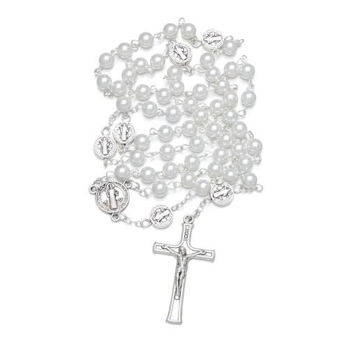 KOMI 6mm Glass Pearl Rosary Beads Catholic for Women with Metal Rosary Box Religious Gifts - style: St Benedict-white