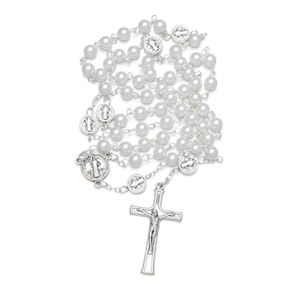 KOMI 6mm Glass Pearl Rosary Beads Catholic for Women with Metal Rosary Box Religious Gifts - style: St Benedict-white