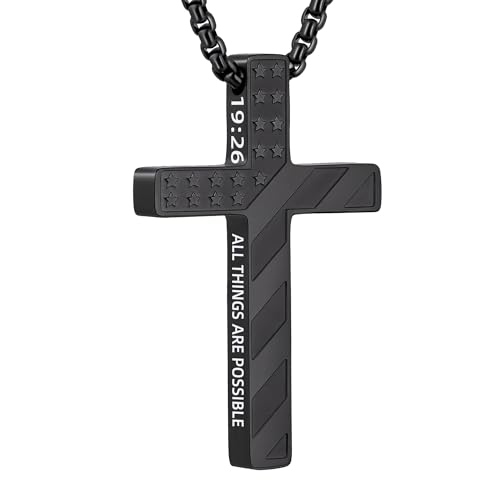 Cross Necklace for Men Black Gold Silver American Flag Pendant Chain Bible Verse Stainless Steel Necklaces Mens Stocking Stuffers for Christmas Christian Gifts - color: black, style: 19:26-