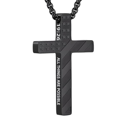 Cross Necklace for Men Black Gold Silver American Flag Pendant Chain Bible Verse Stainless Steel Necklaces Mens Stocking Stuffers for Christmas Christian Gifts - color: black, style: 19:26-