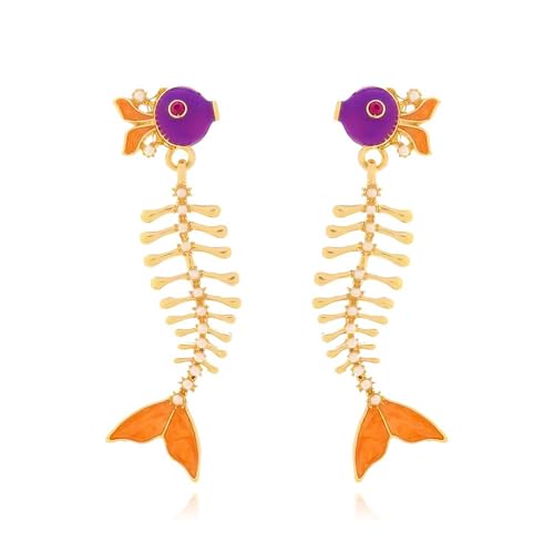 Fish Bone Earrings Drip Oil Animal Earrings Colorful Crystal Sparkly Enamel Earrings Creative Long Fishbone Earstud Dangle Fish Drop Earrings Jewelry for Women - color: Orange