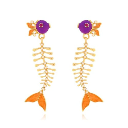 Fish Bone Earrings Drip Oil Animal Earrings Colorful Crystal Sparkly Enamel Earrings Creative Long Fishbone Earstud Dangle Fish Drop Earrings Jewelry for Women - color: Orange