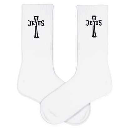 Christian Embroidered Crew Socks, Jesus Faith Religious Socks for Women and Men, Cross Scripture Novelty Gift Socks - color: Esus Cross Letter White