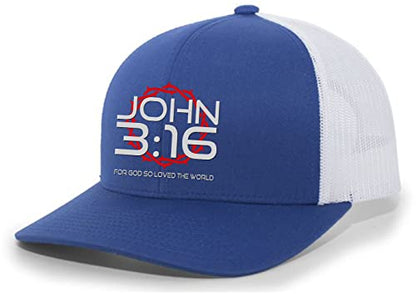 Christian John 3:16 for Got So Loved The World Mens Embroidered Mesh Back Trucker Hat - color: Royal/White