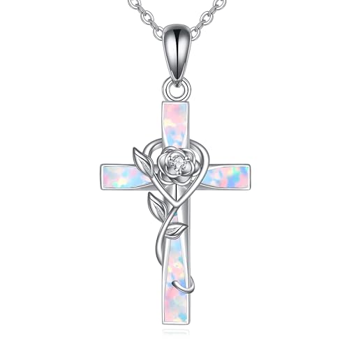 ONEFINITY Cross Necklace 925 Sterling Silver Cross Pendant Religious Jewelry Gifts - style: opal rose cross