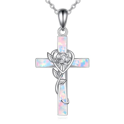 ONEFINITY Cross Necklace 925 Sterling Silver Cross Pendant Religious Jewelry Gifts - style: opal rose cross