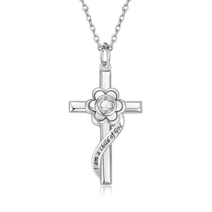 I am a Child of God Necklace - 925 Sterling Silver Birthstone Flower Cross Pendant Religious Jewelry Baptism First Communion Confirmation Gifts for Girls - style: Apr.
