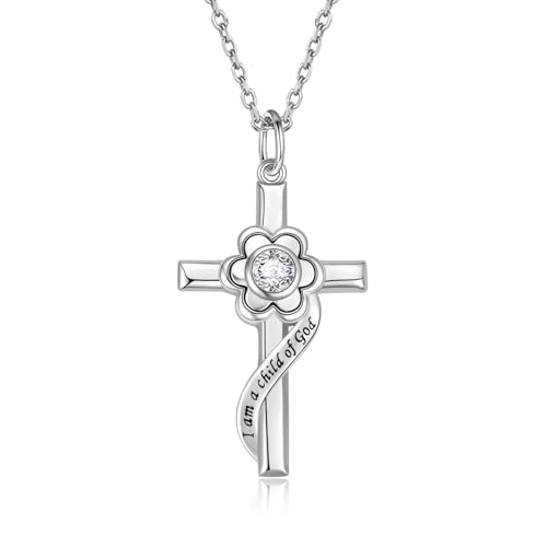 I am a Child of God Necklace - 925 Sterling Silver Birthstone Flower Cross Pendant Religious Jewelry Baptism First Communion Confirmation Gifts for Girls - style: Apr.