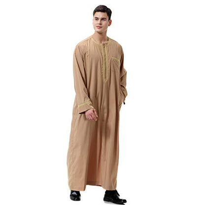 Lenmipot Men's Muslim Clothes Durable Kaftan Robe Dubai Long Gown Ethnic Clothes,1pc Soft Robe - color: A Light Tan, size: 3X-Large