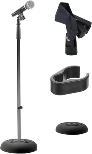 Pyle microphone stand - universal mic stand with compact heavy base, floor standing design, height adjustable, pivot angle clip for singing & recording (2.8' - 5' ft., 9.8" diameter) - size: 1 Pack