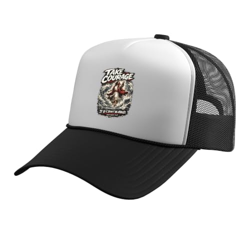 Take Courage It is I. Don't Be Afraid Bible Verse Art Trucker Hat with Adjustable Mesh Back - color: Black/White