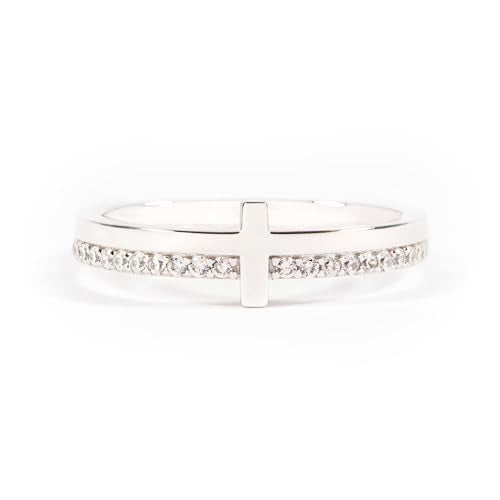 STORYJEWELLERY Cross Rings for Women, 925 Sterling Silver Purity Ring with Cubic Zirconia, Dainty Christian Jewelry, Confirmation and Baptism Gifts - color: Cross Ring-925 Sterling Silver with White Gold