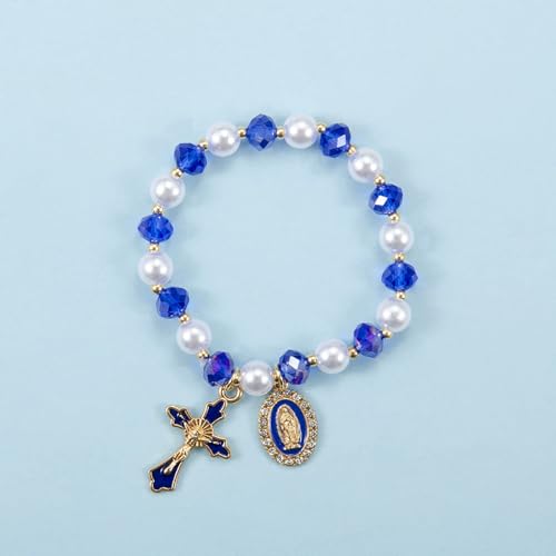 Stretchy Virgin Mary Bracelet with Cross Charm - Multi-Color Pearl Crystal Beaded Catholic Religious Jewelry for Women, Christian Gift for Baptism Confirmation First Communion - color: Blue