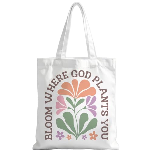 Christian Tote Bag Religious Gifts Canvas Bags for Women Men Shopping Work Gym Picnic Travel - color: Bloom Where God Plants You