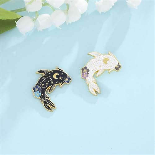 2Pcs coadipress Lovely Fish Brooch Enamel Lapel Brooches Pin Set Cute Cartoon Koi Fish Pins for DIY Backpacks Clothes Bags Jackets Hat Jewelry Accessories Gift - color: Flower Black White