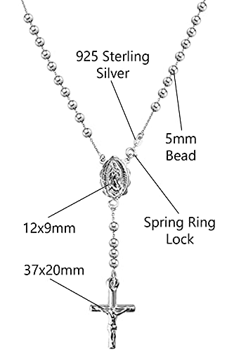 Savlano 925 Sterling Silver Italian Solid Bead Chain Cross & Rosary Virgin Mary Pendant Y Necklace Comes With Gift Box for Women - Made in Italy - style: 5MM