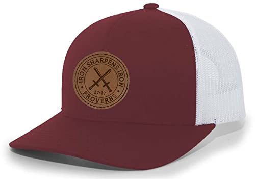 Heritage Pride Christian Iron Sharpens Iron Proverbs 27:17 Laser Engraved Leather Patch Mesh Back Trucker Hat - color: Cardinal/White