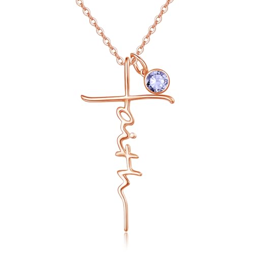 PRAYMOS Faith Cross Necklace for Women 925 Sterling Silver Pendant Necklace With Birthstone Initial Christian Religious Confirmation Baptism Mothers Day Gifts - color: 4-Rose Gold November(Citrine)