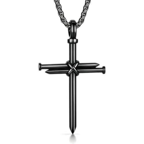 Men's Nail Cross Crucifix Necklace, Stainless Steel Nail Cross Pendant with 24 Inch Box Chain, Silver/Gold/Black Religious Christian Jewelry Gift for Baptism Father's Day Birthday - color: Black