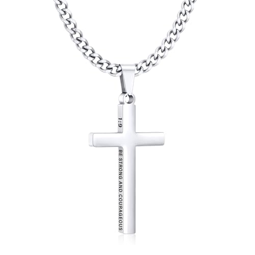 Gnamy Cross Necklace for Men Boys Stainless Steel Bible Verse Cross Pendant with Cuban Link Chain (22+2 Inches) | Christian Religious Jewelry Gifts - color: Silver, style: Joshua 1:9