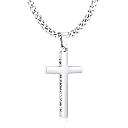 Gnamy Cross Necklace for Men Boys Stainless Steel Bible Verse Cross Pendant with Cuban Link Chain (22+2 Inches) | Christian Religious Jewelry Gifts - color: Silver, style: Joshua 1:9