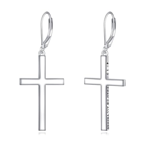 VONALA Cross Leverback Earrings for Women S925 Sterling Silver Philippians 4:13 I Can Do All Things Cross Earrings for Men