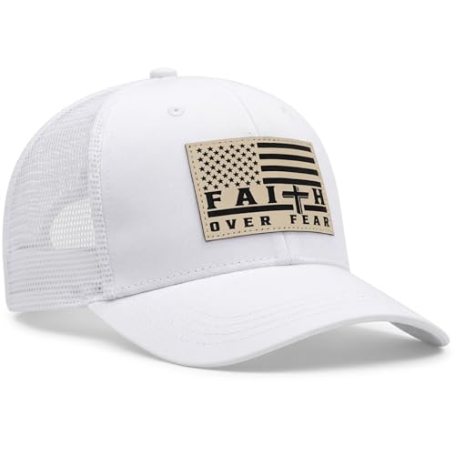 Faith Over Fear Christian Hats for Men Women, American Flag Trucker Hat, Religious Gifts for Thanksgiving Christmas - color: White