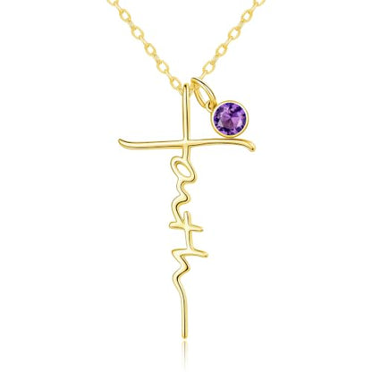 Faith Necklace White/Rose/Gold Birthday Gifts for Wife Her - color: 14K Gold-02-February
