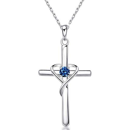 AmorAime 925 Sterling Silver Cross Necklace for Women Men 14K Gold Plated 5A CZ Birthstone Necklaces for Holiday - color: I.Dark Blue-September-Sapphire