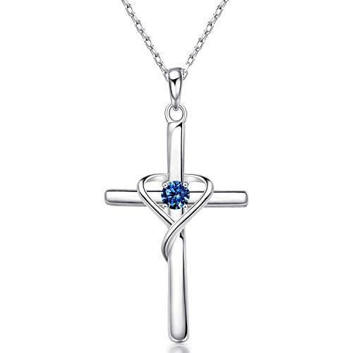 AmorAime 925 Sterling Silver Cross Necklace for Women Men 14K Gold Plated 5A CZ Birthstone Necklaces for Holiday - color: I.Dark Blue-September-Sapphire